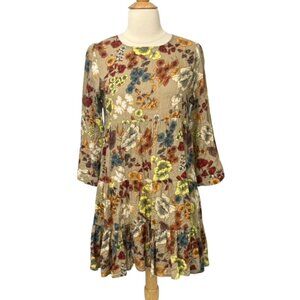 Natural Life Heidi Tiered Mini Dress 3/4 Sleeves Floral Autumn Boho Flowy Size S
